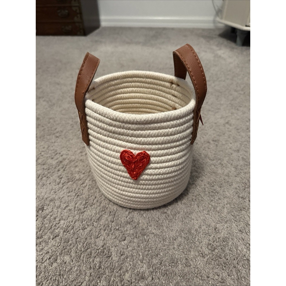 Peace Love World Woven Cream Small Basket Leather Handles Heart
